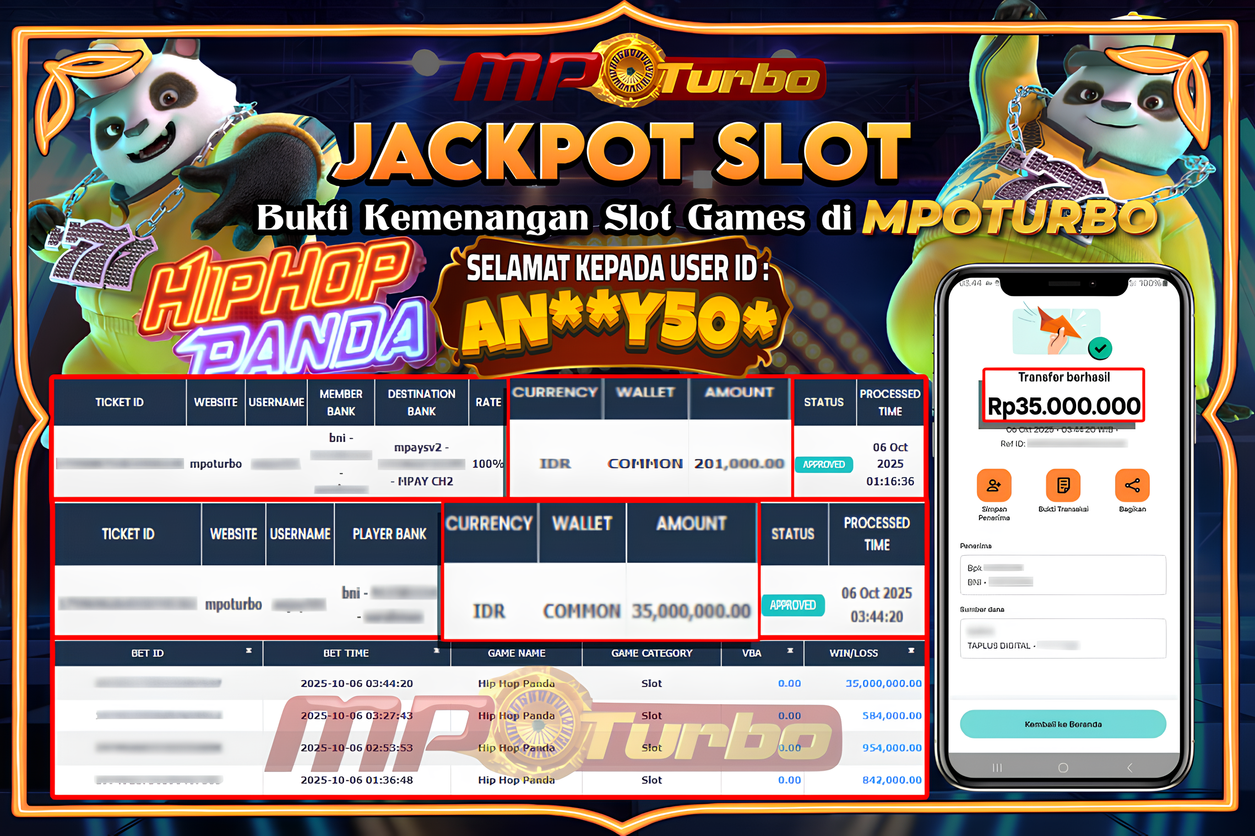 MPOTURBO JACKPOT SLOT HIP HOP PANDA - PG SOFT Rp 35,000,000.00,- LUNAS